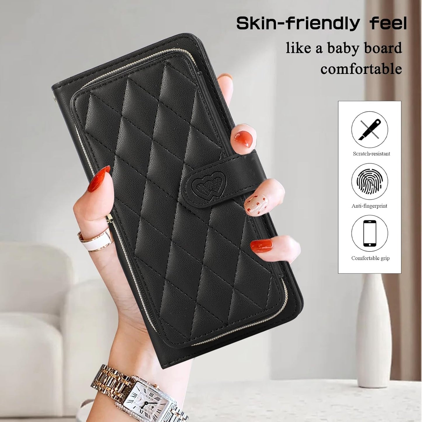 iTape Diamond Wallet Case for Google Pixel 8, Flip Leather Stand, Wrist Strap, Magnetic Closure, Shockproof Case Coin Purse Card Holder, Crossbody Strap Black
