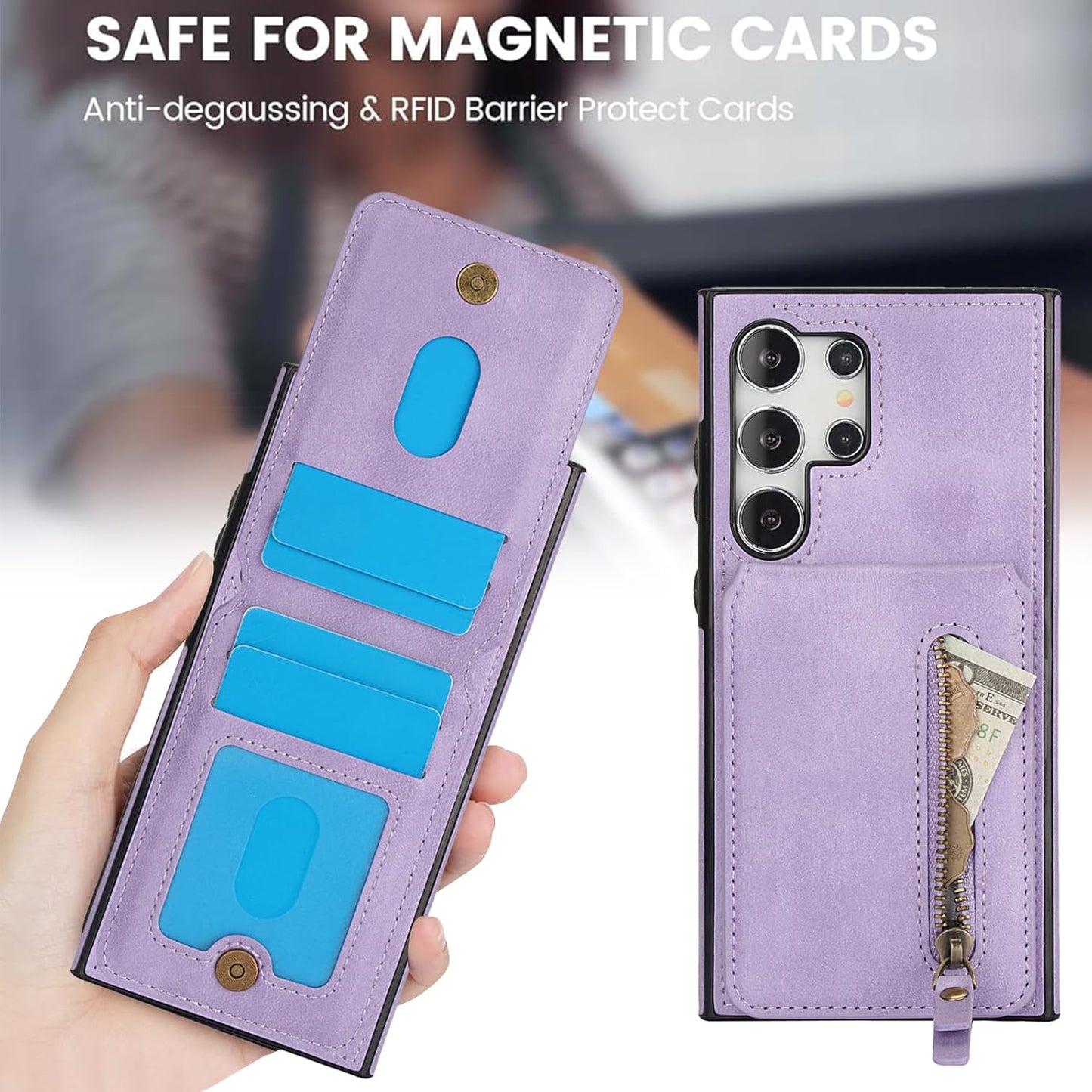 iTape Magnetic Card Holder Phone case Suitable for Samsung Galaxy S24 Ultra, Zipper Magnetic Split Magnetic Wallet with Adjustable Bracket