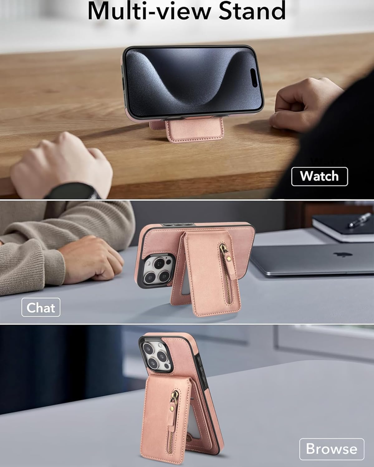 Magnetic card holder phone case suitable for iPhone 15 Pro max, zipper magnetic split magnetic wallet with adjustable bracket Brown