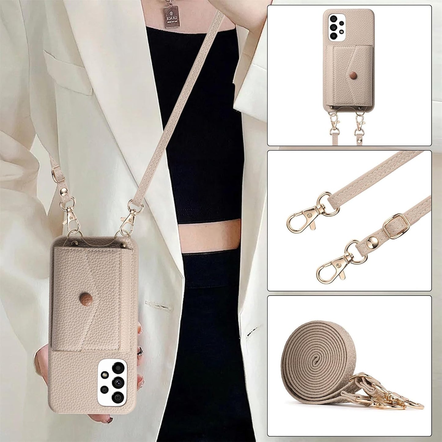 iTape Card Holder Wallet Phone Case for Samsung Galaxy A53 5G, Shockproof Ultra-thin Phone Case, Makeup Mirror with Crossbody Strap Gray