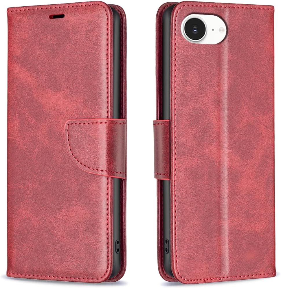 Solid lambskin leather phone case for iPhone 16E, snap wallet style case, flip stand shock protection Yellow