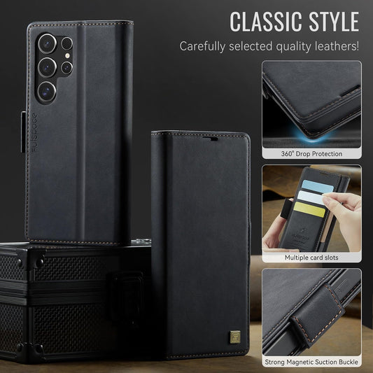 iTape Soft leather wallet case for Samsung Galaxy S25 Ultra, RFID (anti-theft), wallet card slot flip cover stand for Samsung Galaxy S25 Ultra Support wireless charging Black