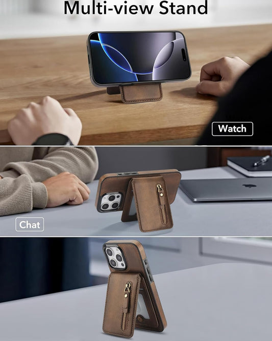 Magnetic card holder phone case suitable for iPhone 16 Pro, zipper magnetic split magnetic wallet with adjustable bracket Brown