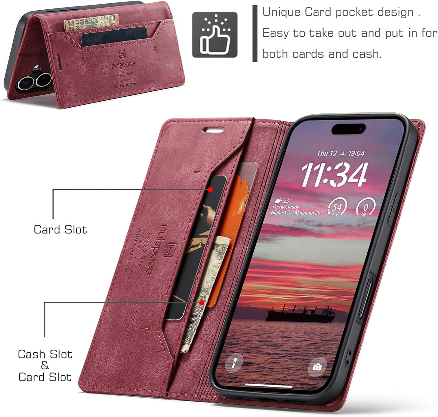 Retro frosted soft leather mobile phone case for iPhone 16, RFID (anti-theft swipe), wallet card slot flip cover stand, Red
