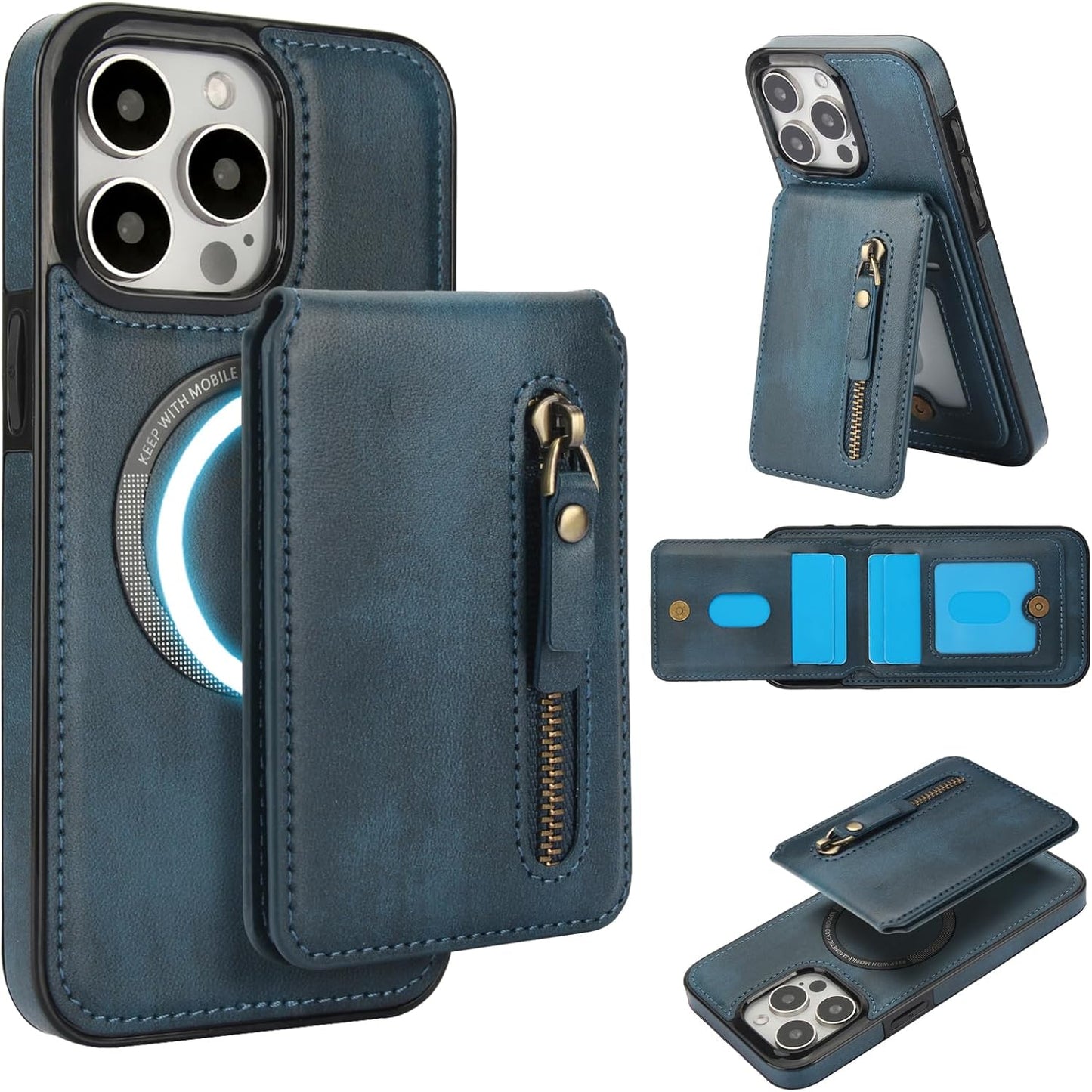 Magnetic card holder phone case suitable for iPhone 15 Pro max, zipper magnetic split magnetic wallet with adjustable bracket Brown