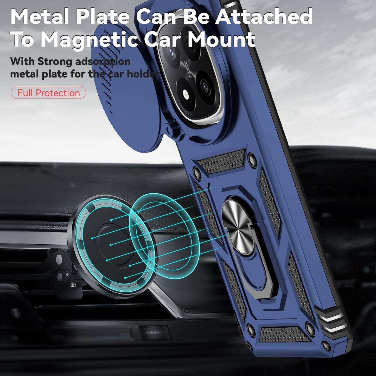 Magnetic Car Mount 2 in 1 Phone Case for Xiaomi Redmi Note 14 Pro+ 5G, Military Grade Protective Case, Phone Case Built-in 360° Rotating Ring Bracket Buckle Push Window Lens Protection