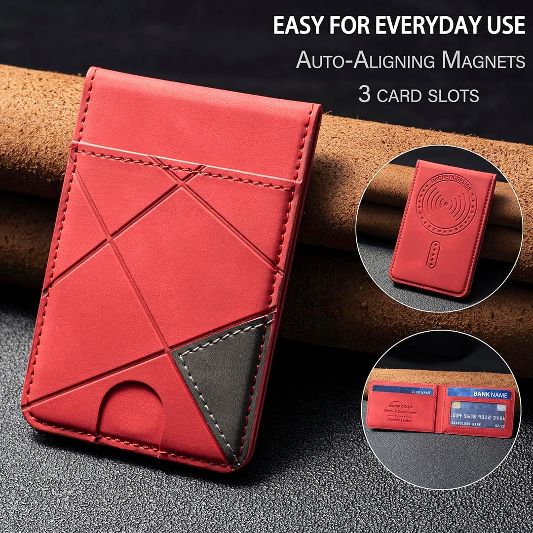 iTape Leather Magnetic Phone Wallet Compatible with Various Phone Models Android and iOS, Magnetic card holder with vertical prism Ultra-thin Trifold Wallet Card Holder Flip Stand Red