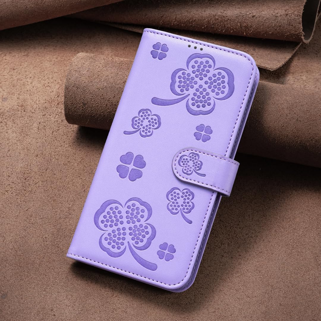 Wallet Leather Case for iPhone 16E, Embossed Four Leaf Clover Design, Magnetic Snap Wallet Case, Flip Shockproof Case Pink