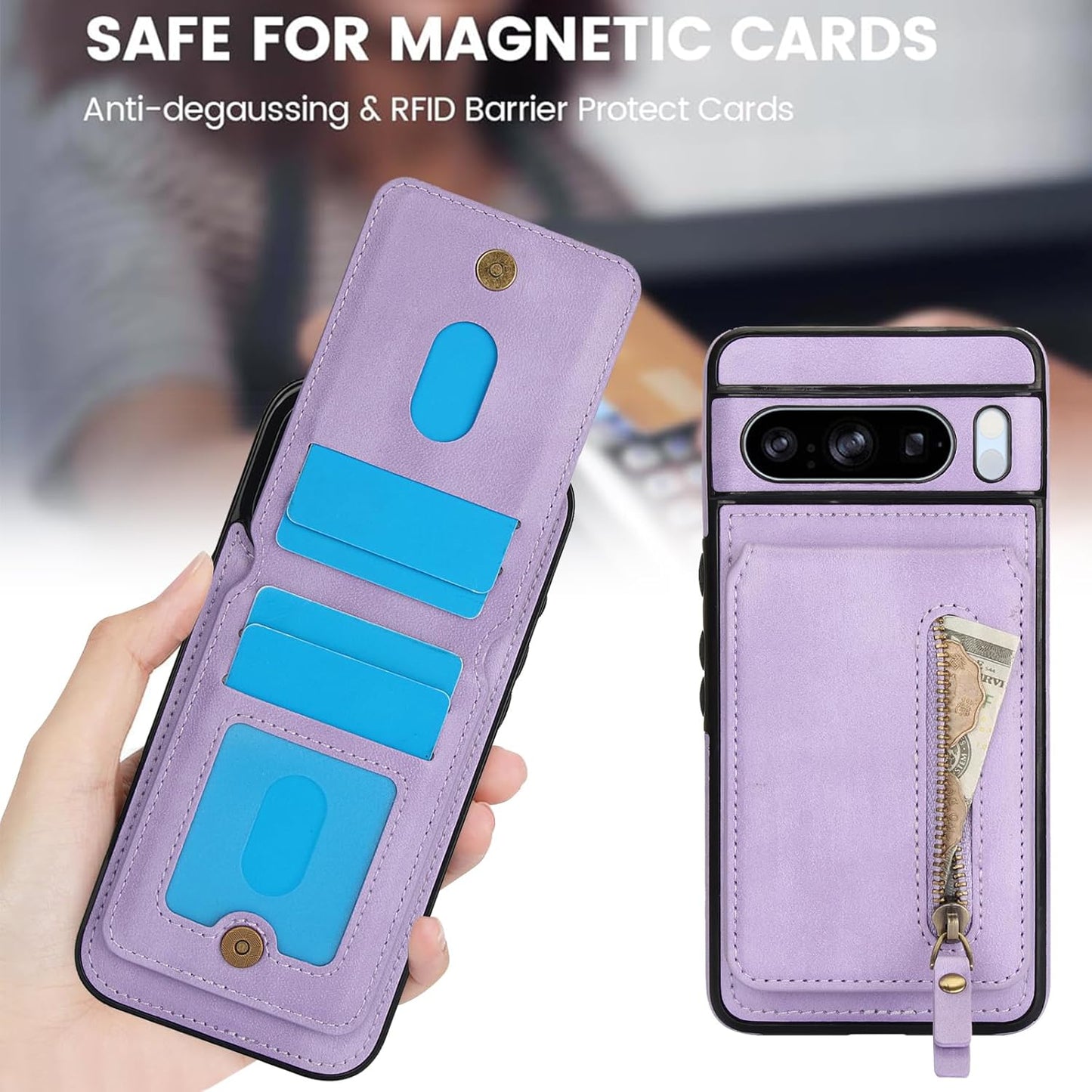 iTape Magnetic card holder phone case suitable for Google Pixel 8 Pro, zipper magnetic split magnetic wallet with adjustable bracket Brown