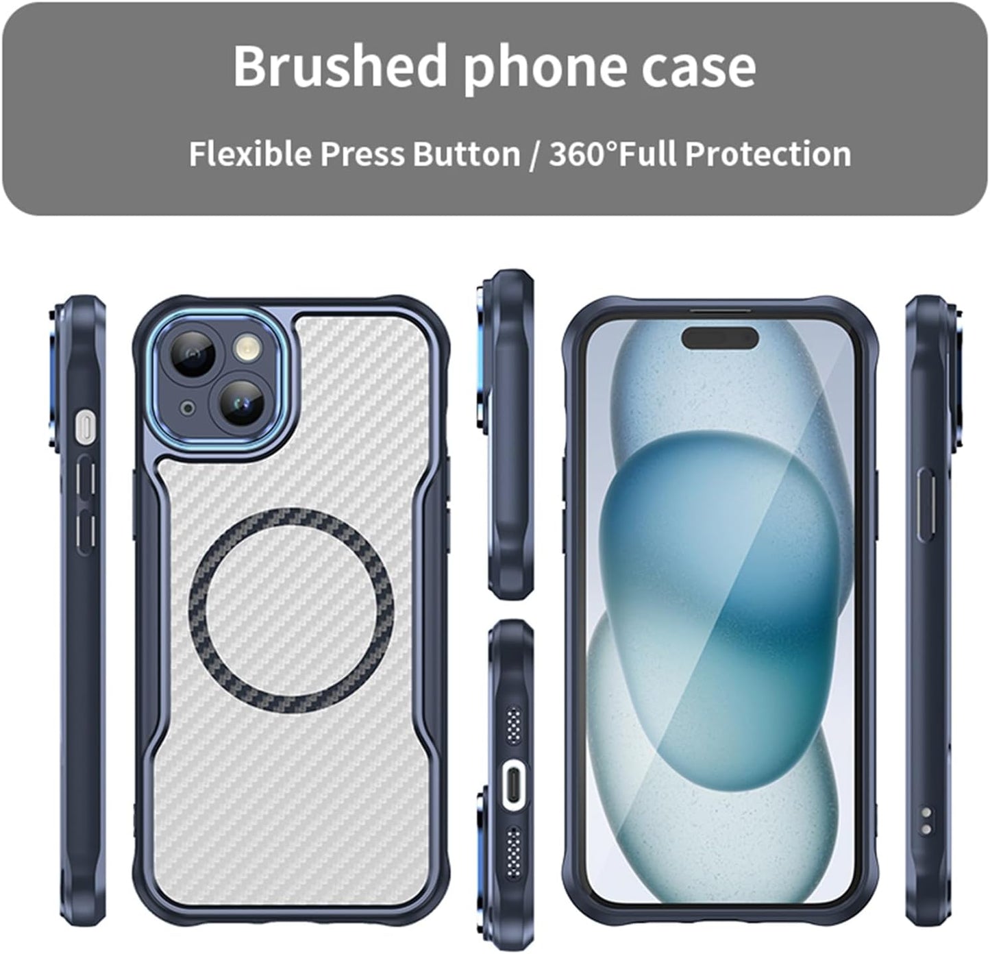 Magnetic carbon fibre case for iPhone 15 Plus, support wireless charging, carbon fibre shockproof slim case Black