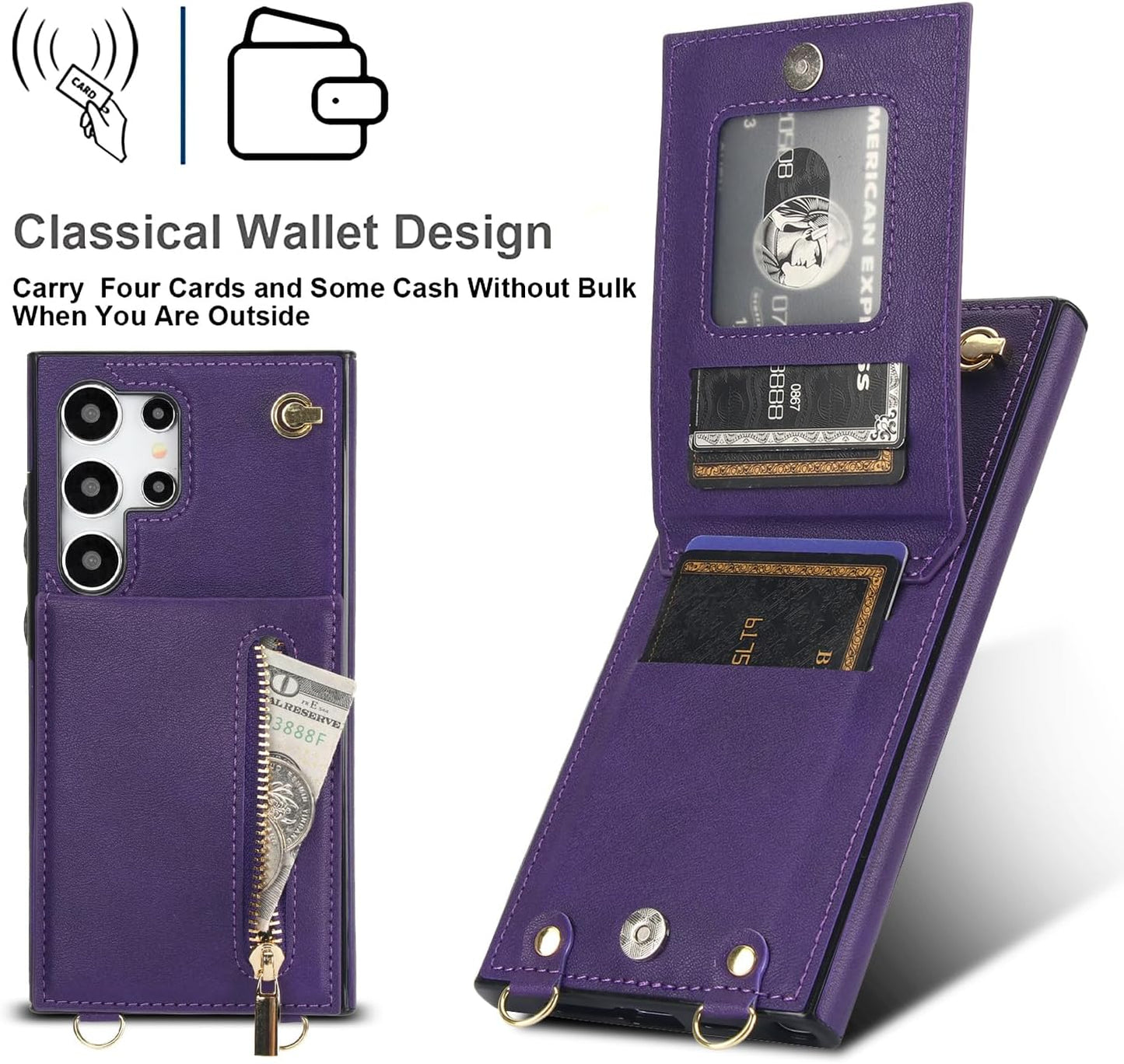 iTape Samsung Galaxy S24 Ultra Case Wallet, Zipper Coin Pouch, Credit Card Slot Holder, Wrist Strap, Samsung Galaxy S24 Ultra Case Adjustable Crossbody Lanyard [RFID Blocked]