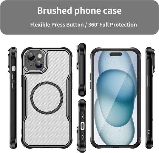 Magnetic carbon fibre case for iPhone 15 Plus, support wireless charging, carbon fibre shockproof slim case Black