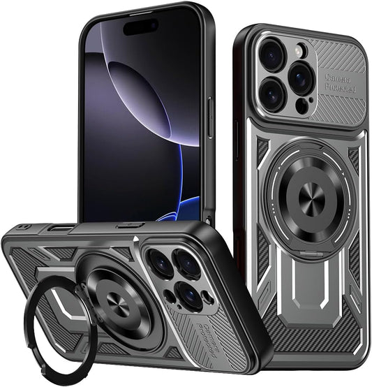 Hard Plated PC Armor Cover for iPhone 16 Pro max with 360° Rotating Metal Ring Strong Magnetic Car Mount Phone Case Support wireless charging Gray