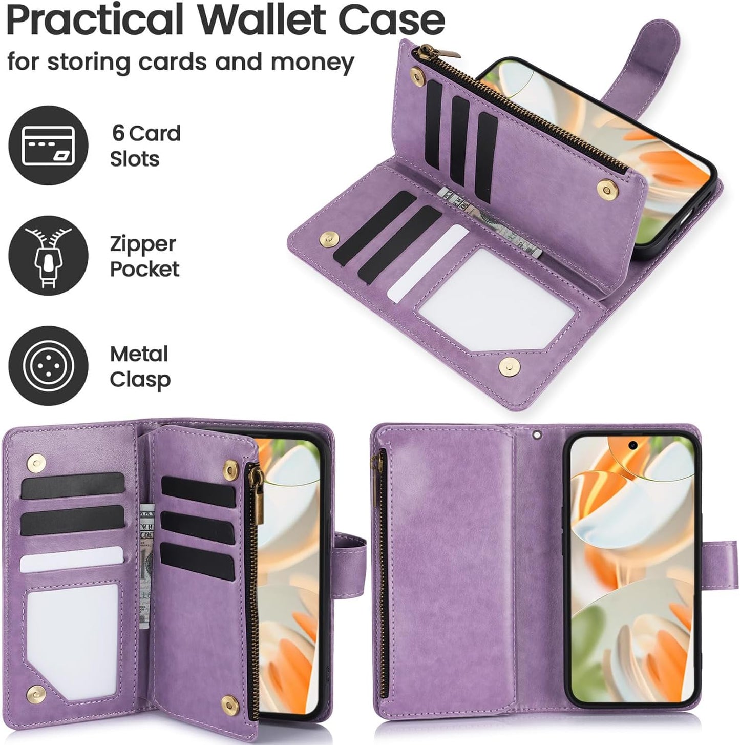 iTape Orchid Butterfly Phone Case for Google Pixel 9 with Multiple Card Slots Wallet, Magnetic Closure Bracket, Shockproof Protective Phone Case Wristband