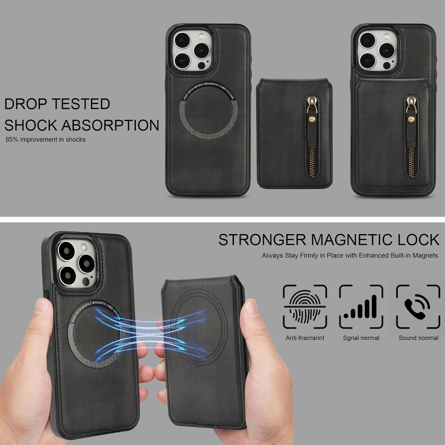 Magnetic card holder phone case suitable for iPhone 15 Pro max, zipper magnetic split magnetic wallet with adjustable bracket Brown