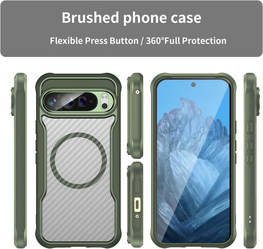 iTape Magnetic carbon fibre case for Google Pixel 9 Pro XL 5G, support wireless charging, carbon fibre shockproof slim case Green