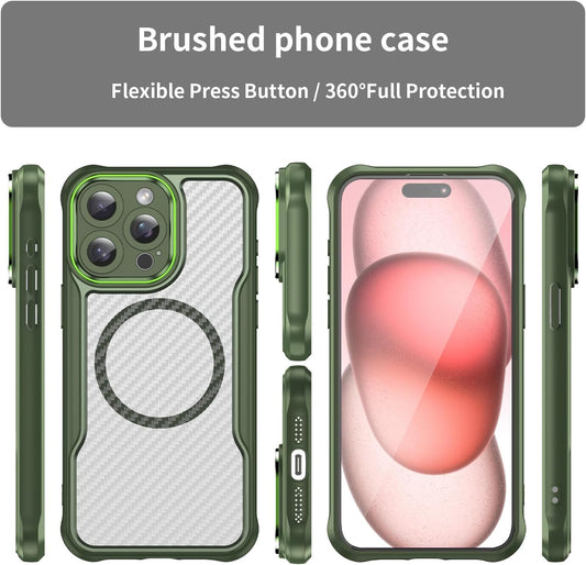Magnetic carbon fibre case for iPhone 15 Pro max, support wireless charging, carbon fibre shockproof slim case Green