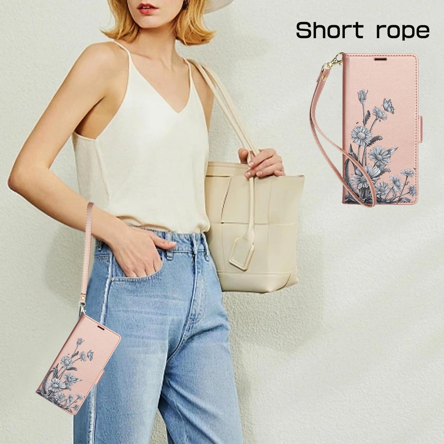 Printed Wallet Phone Case for iPhone 16 Plus, RFID (Anti-Theft), Wallet Flip Stand with Wrist Strap for iPhone 16 Plus Rose Gold
