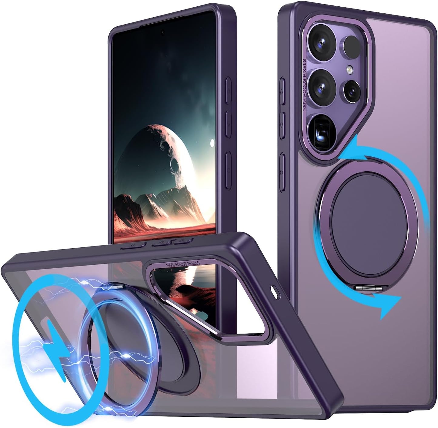 iTape Magnetic phone case for Samsung Galaxy S25 Ultra, mechanical gear 360° rotating bracket supports wireless charging, shockproof ultra-thin shell Gray