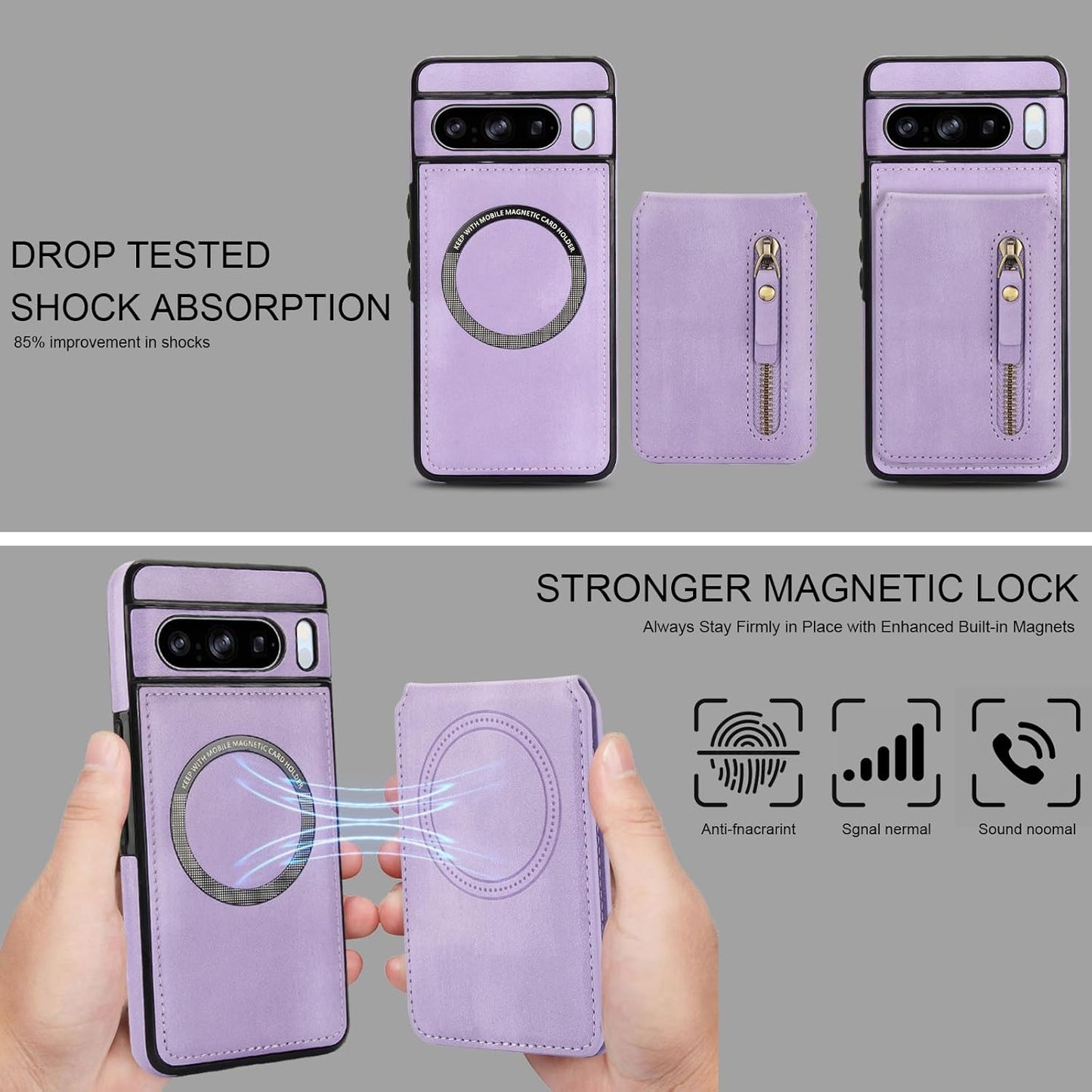 iTape Magnetic card holder phone case suitable for Google Pixel 8 Pro, zipper magnetic split magnetic wallet with adjustable bracket Brown