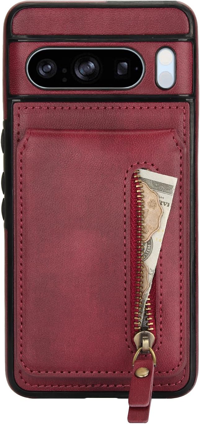 iTape Magnetic card holder phone case suitable for Google Pixel 8 Pro, zipper magnetic split magnetic wallet with adjustable bracket Brown