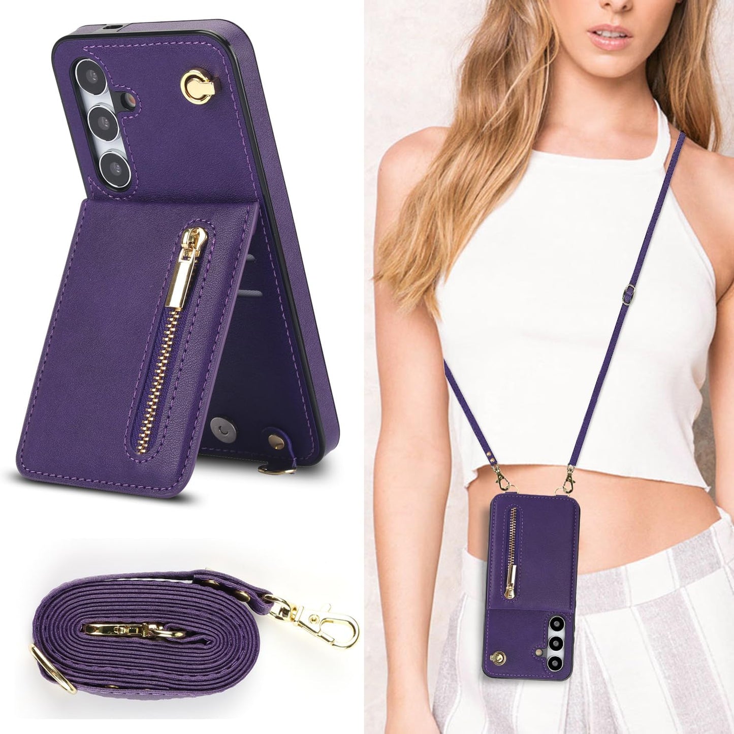 iTape Samsung Galaxy S24 plus Case Wallet, Zipper Coin Pouch, Credit Card Slot Holder, Wrist Strap, Samsung Galaxy S24 plus Case Adjustable Crossbody Lanyard [RFID Blocked] Purple