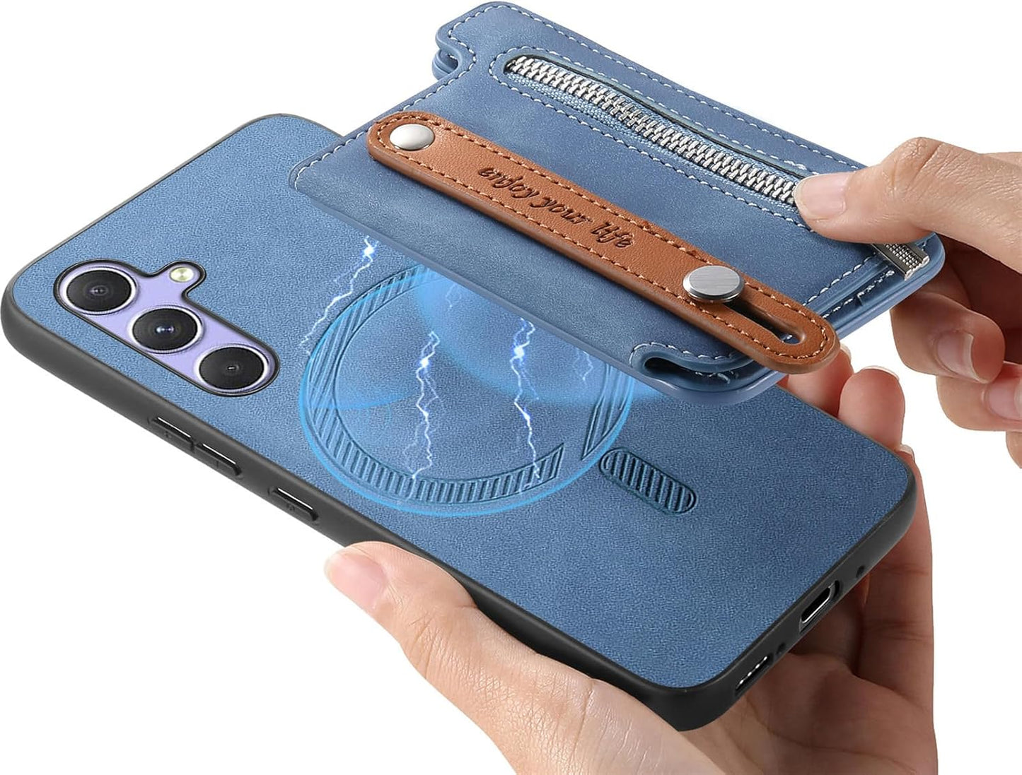 iTape Retro magnetic mobile phone case for Samsung Galaxy S25+, wireless charging magnetic car mount, Card slot, card holder, wrist strap bracket RFID anti-theft card Orange
