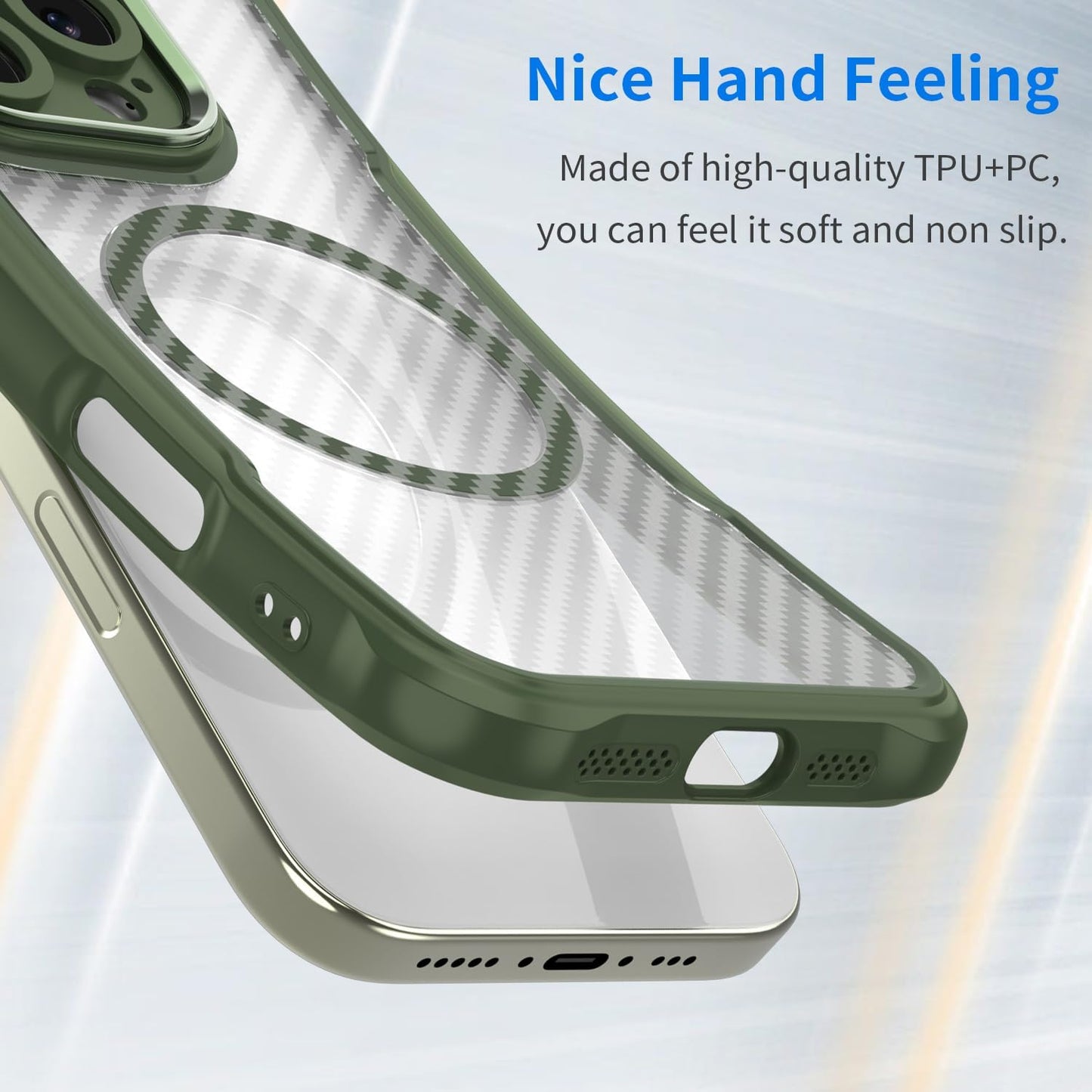 Magnetic carbon fibre case for iPhone 14 Pro max, support wireless charging, carbon fibre shockproof slim case Green