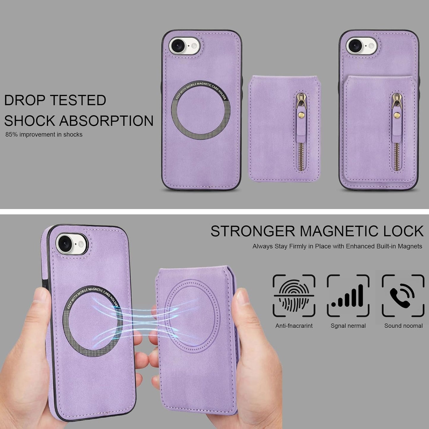 Magnetic card holder phone case suitable for iPhone 16E, zipper magnetic split magnetic wallet with adjustable bracket