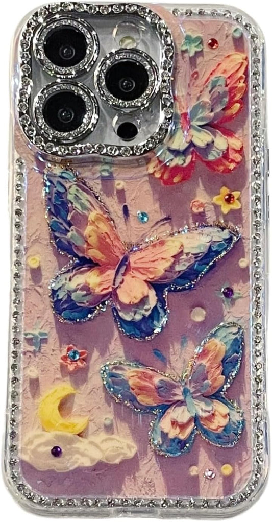 3D Stereoscopic colourful clouds butterfly case for iPhone 16 Pro, shockproof and drop-proof case, full of diamonds lens protection phone case
