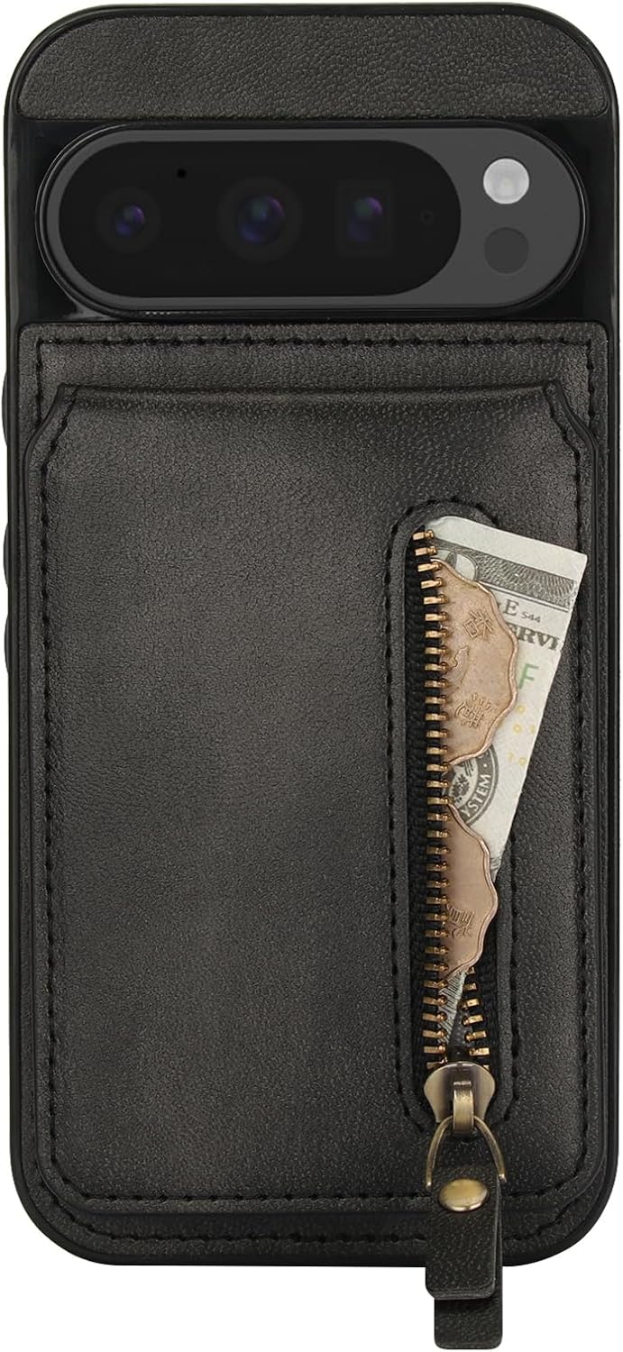 iTape Magnetic card holder phone case suitable for Google Pixel 9 Pro, zipper magnetic split magnetic wallet with adjustable bracket