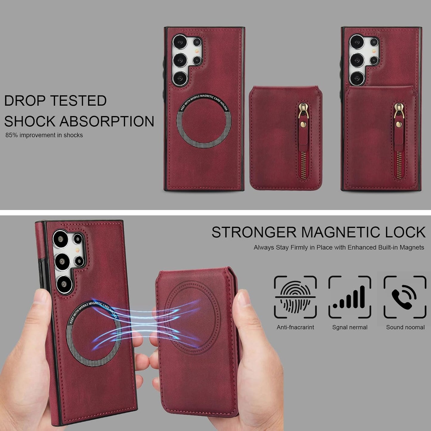 iTape Magnetic Card Holder Phone case Suitable for Samsung Galaxy S24 Ultra, Zipper Magnetic Split Magnetic Wallet with Adjustable Bracket