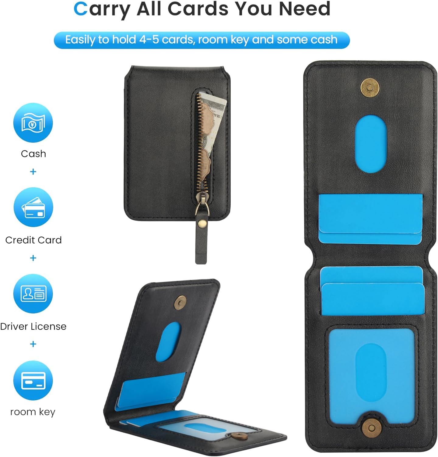 iTape Magnetic card holder phone case suitable for Samsung Galaxy S24+, zipper magnetic split magnetic wallet with adjustable bracket Blue