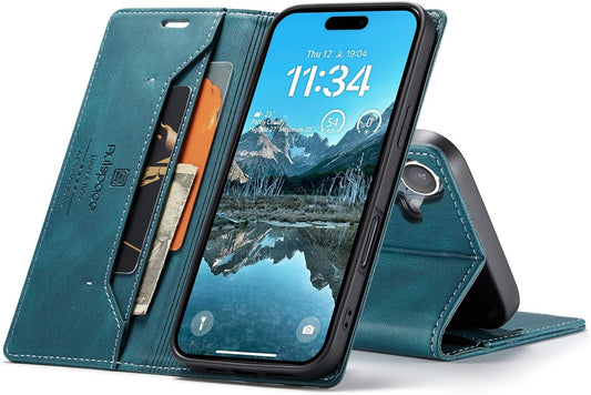 Retro frosted soft leather mobile phone case for iPhone 16 Plus, RFID (anti-theft swipe), wallet card slot flip cover stand, Green
