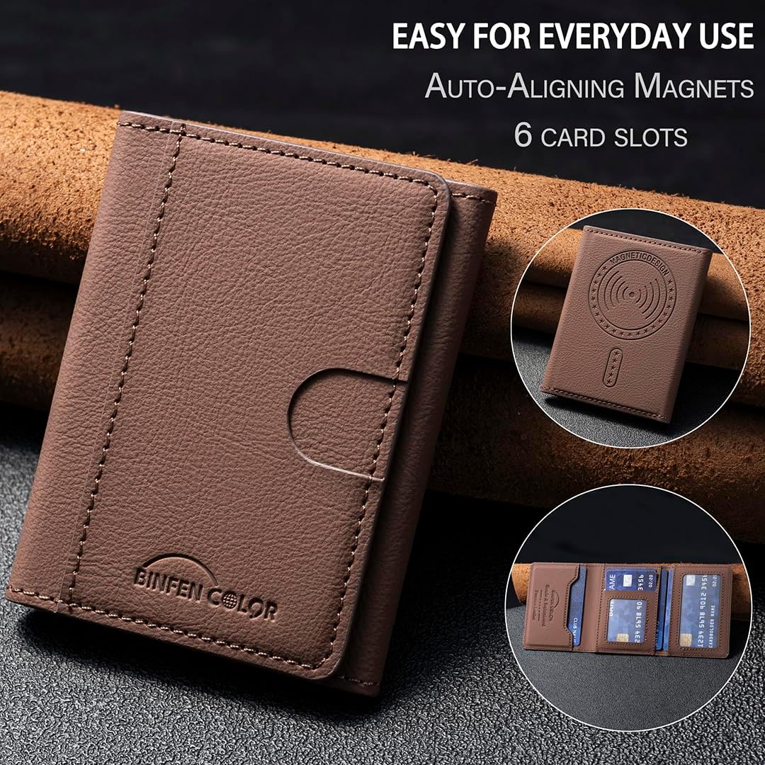 iTape Leather Magnetic Phone Wallet Compatible with Various Phone Models Android and iOS, Solid Color Magnetic Card Holder Ultra-thin Trifold Wallet Card Holder Flip Stand Red