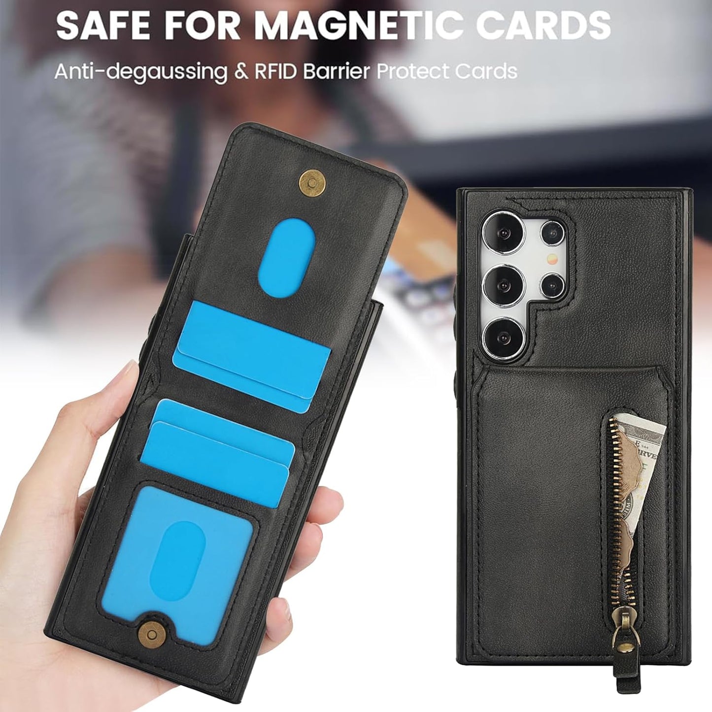 iTape Magnetic Card Holder Phone case Suitable for Samsung Galaxy S24 Ultra, Zipper Magnetic Split Magnetic Wallet with Adjustable Bracket
