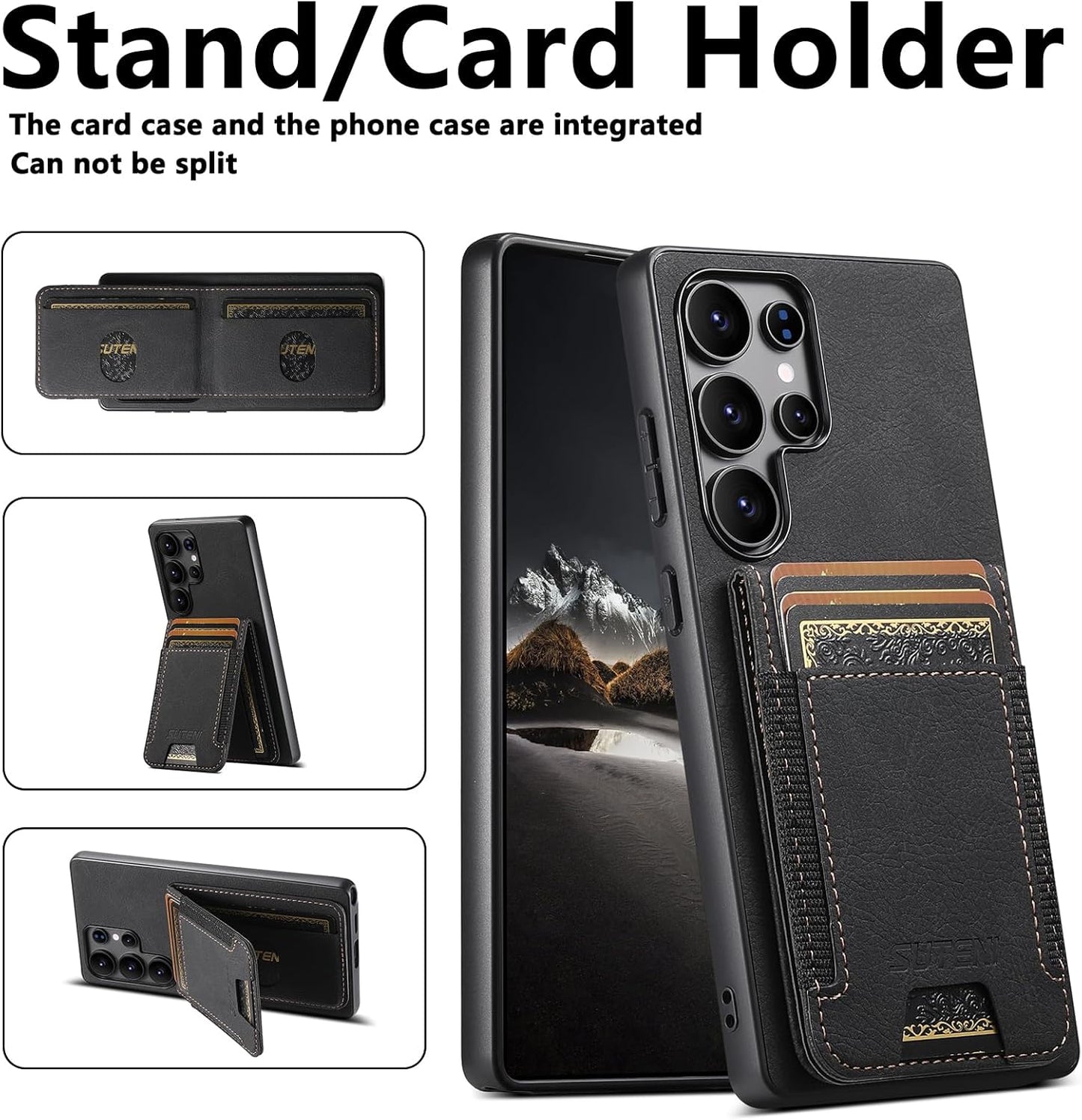 iTape Litchi Texture Phone Case for Samsung Galaxy S25 Ultra - Ultra-thin Simple Card Holder Phone Case with Stand Durable Buffer [Shockproof TPU Inner Shell] Black