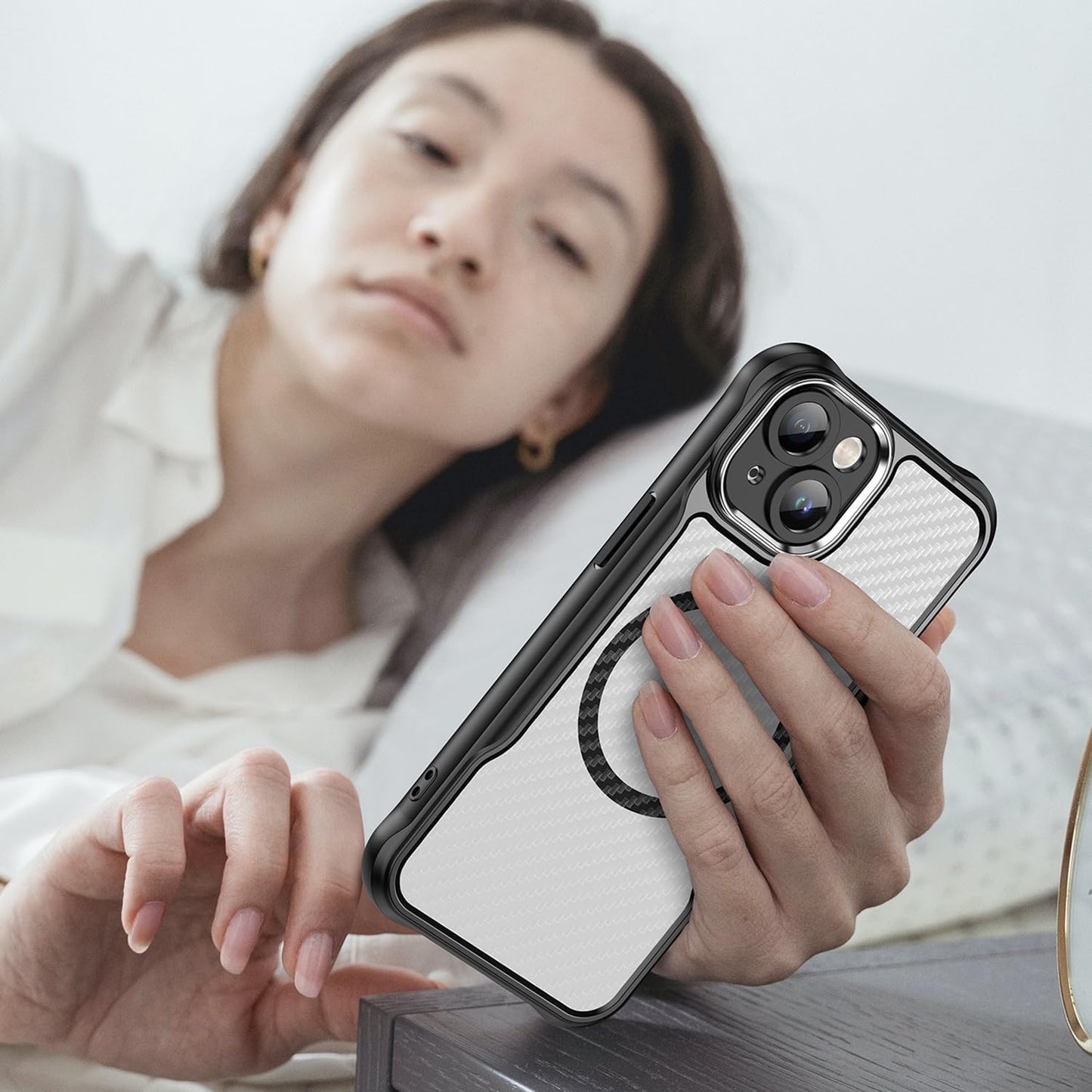 Magnetic carbon fibre case for iPhone 14, support wireless charging, carbon fibre shockproof slim case Black