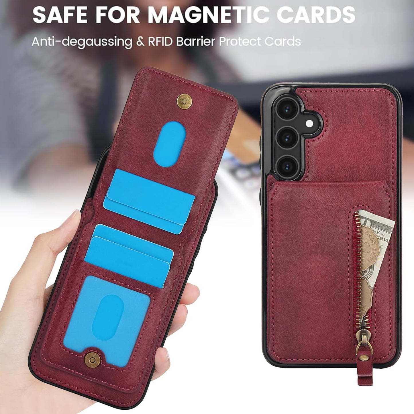 iTape Magnetic card holder phone case suitable for Samsung Galaxy S25+, zipper magnetic split magnetic wallet with adjustable bracket Pink