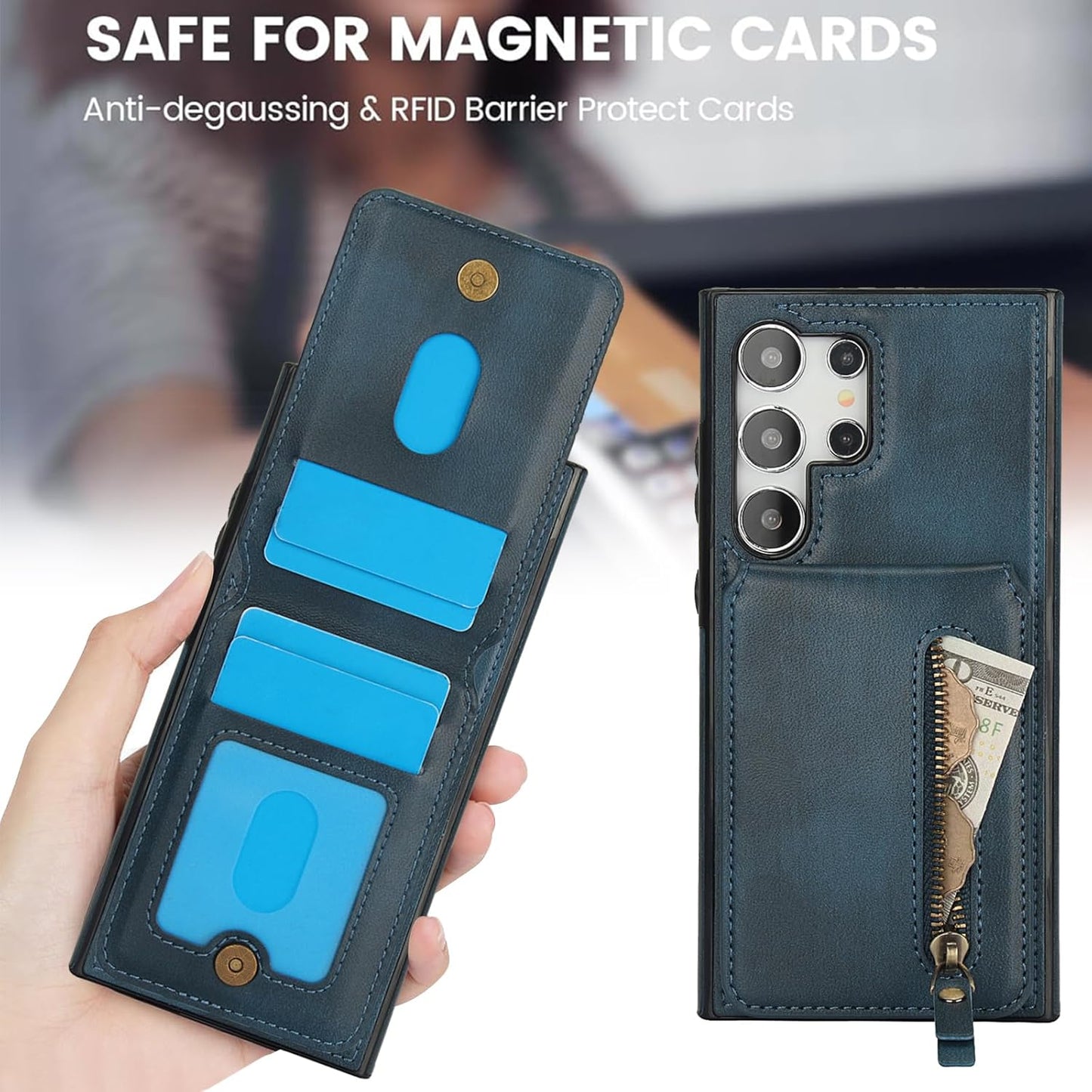 iTape Magnetic Card Holder Phone case Suitable for Samsung Galaxy S24 Ultra, Zipper Magnetic Split Magnetic Wallet with Adjustable Bracket