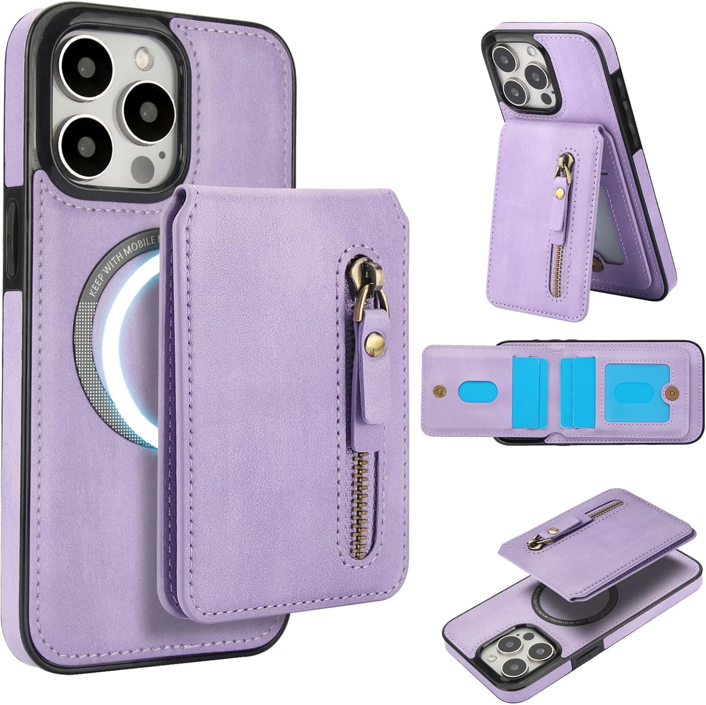 Magnetic card holder phone case suitable for iPhone 15 Pro max, zipper magnetic split magnetic wallet with adjustable bracket Brown