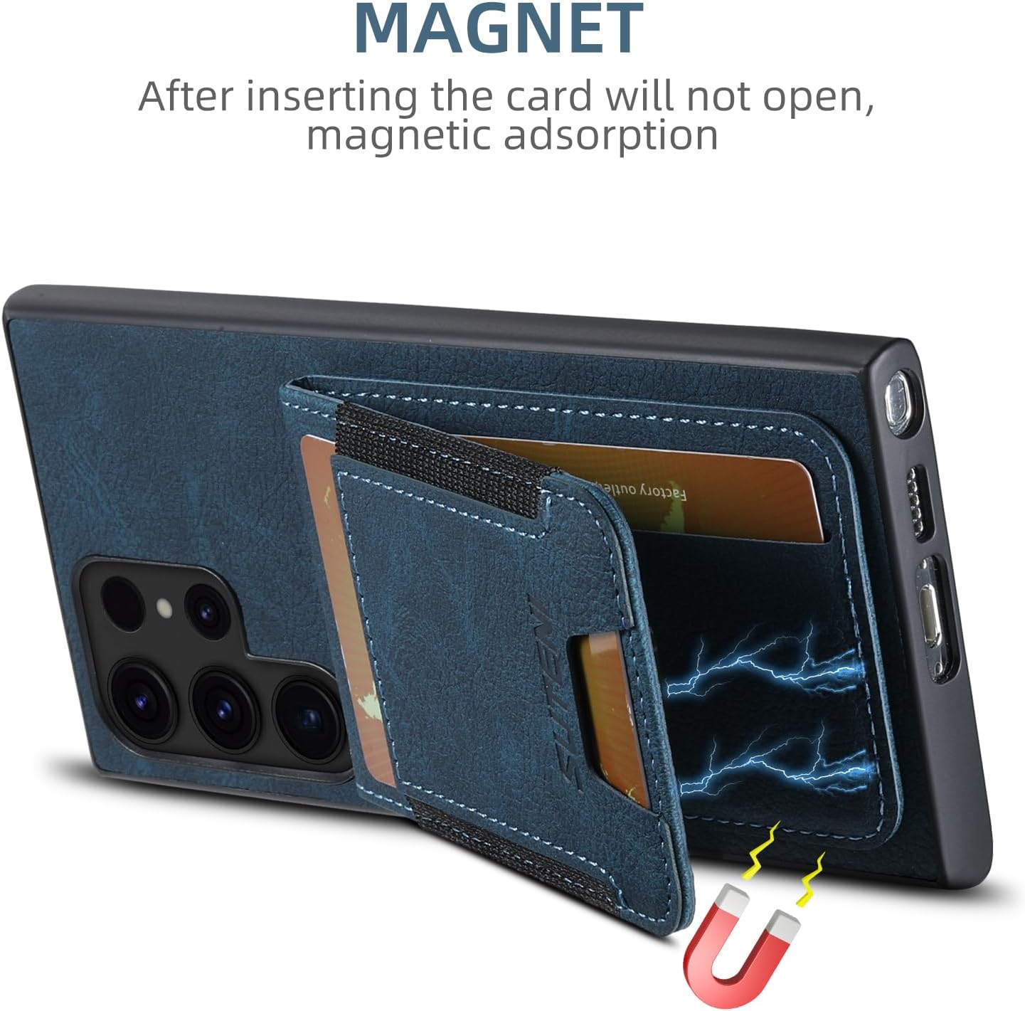 iTape Litchi Texture Phone Case for Samsung Galaxy S23 Ultra - Ultra-thin Simple Card Holder Phone Case with Stand Durable Buffer [Shockproof TPU Inner Shell] Blue