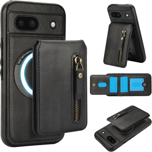 iTape Magnetic card holder phone case suitable for Google Pixel 8A, zipper magnetic split magnetic wallet with adjustable bracket Black