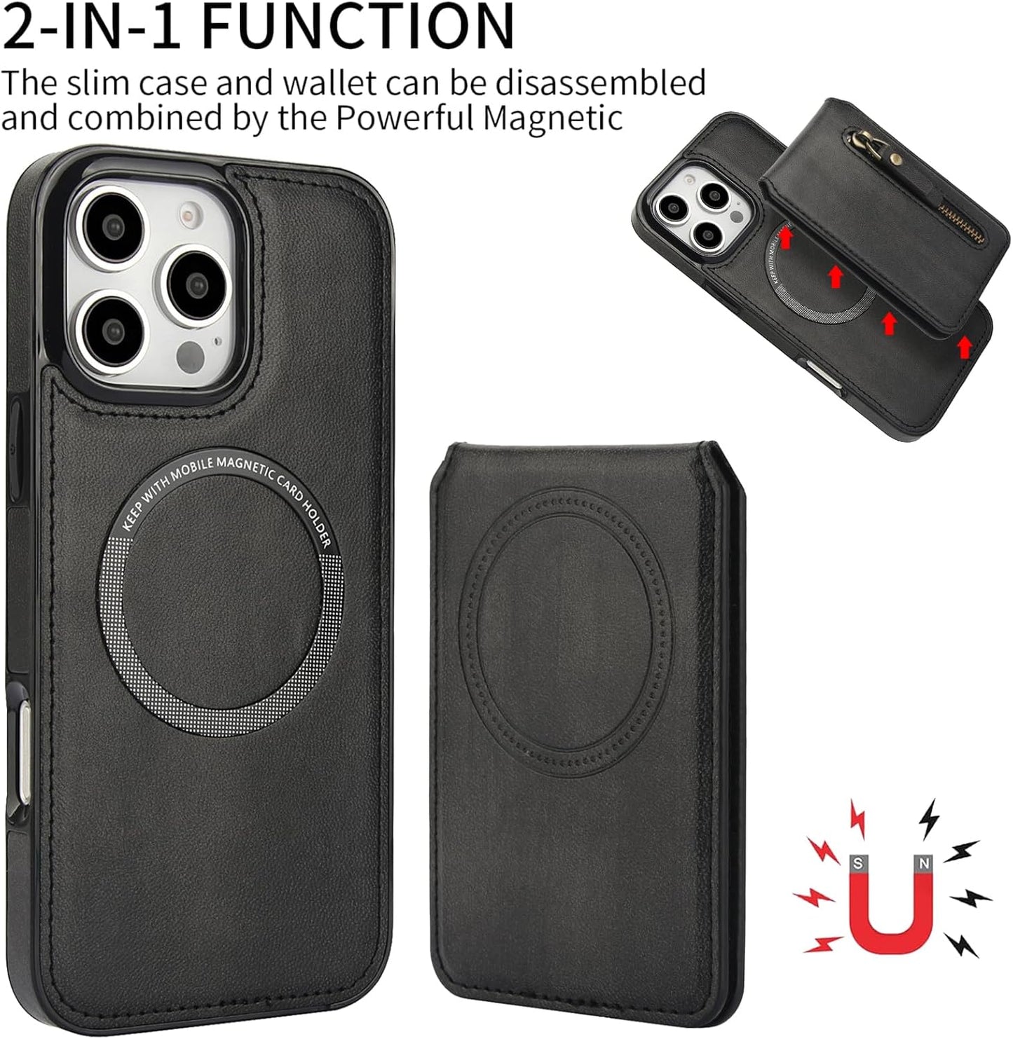 Magnetic card holder phone case suitable for iPhone 16 Pro, zipper magnetic split magnetic wallet with adjustable bracket Brown