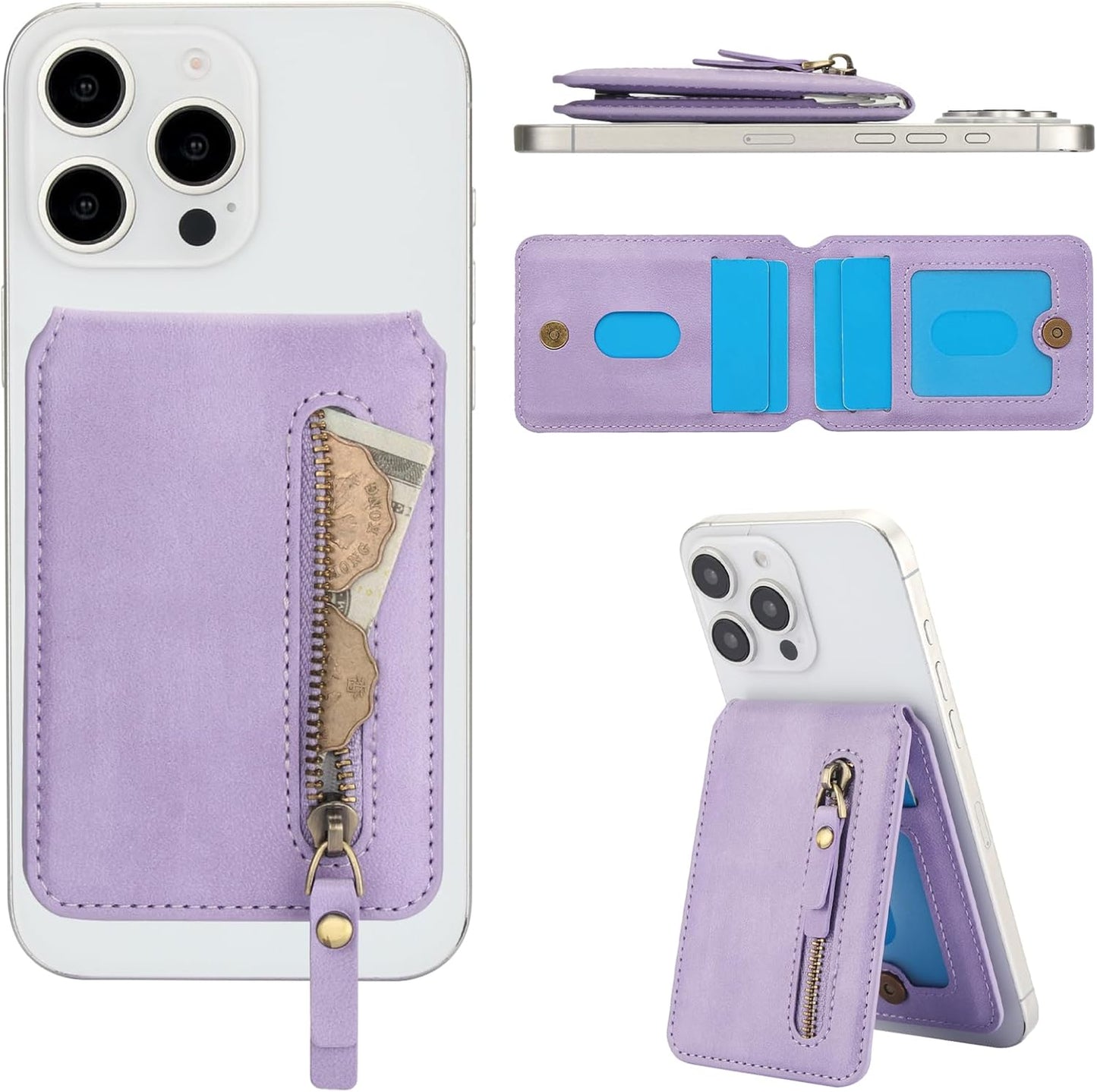 Magnetic card holder phone case suitable for iPhone 16 Pro, zipper magnetic split magnetic wallet with adjustable bracket Brown