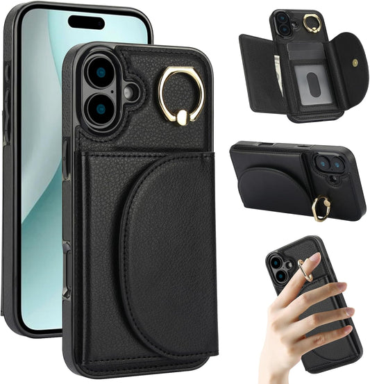 Tri-fold wallet case for iPhone 16 Plus, 360° rotating ring buckle stand, shockproof phone case coin purse card holder Black