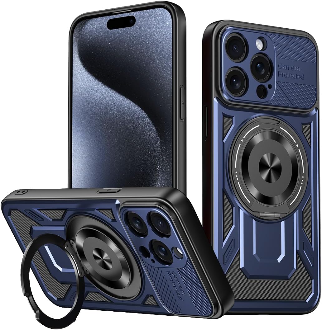 Hard Plated PC Armor Cover for iPhone 15 Pro max with 360° Rotating Metal Ring Strong Magnetic Car Mount Phone Case Support wireless charging Gray