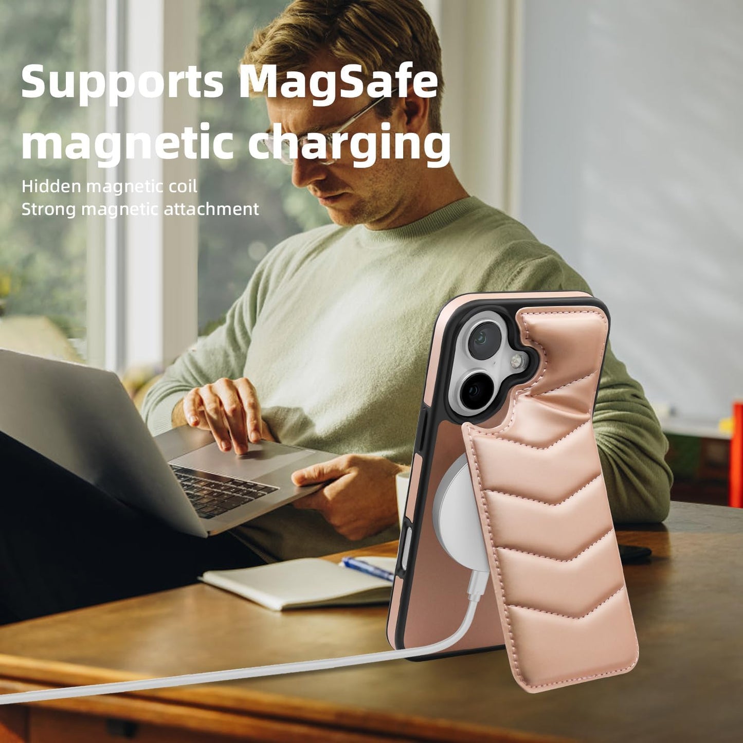 Lycra Down Phone Case for iPhone 16 Plus with [Credit Card Holder] [RFID] Invisible Flip Holder, Magnetic car mount, waterproof and drop-proof, comfortable to hold Green