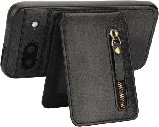 iTape Magnetic card holder phone case suitable for Google Pixel 8A, zipper magnetic split magnetic wallet with adjustable bracket Black