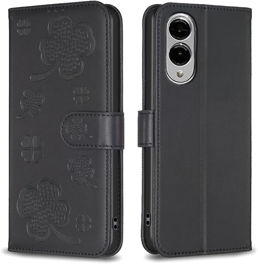iTape Wallet Leather Case for Samsung Galaxy S25 Edge, Embossed Four Leaf Clover Design, Magnetic Snap Wallet Case, Flip Shockproof Case Red
